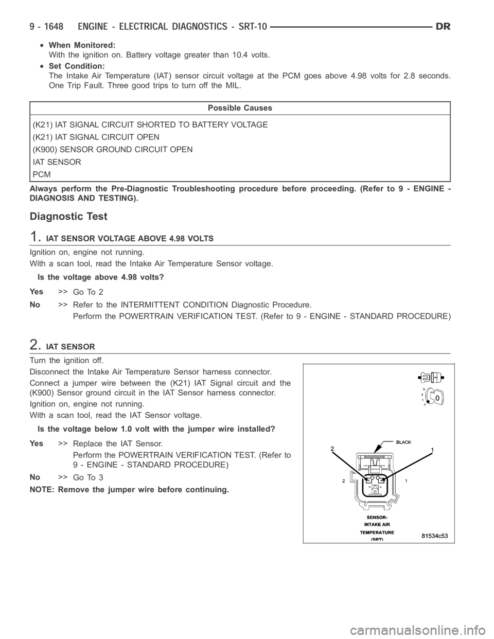 DODGE RAM SRT-10 2006 Service Repair Manual When Monitored:
With the ignition on. Battery voltage greater than 10.4 volts.
Set Condition:
The Intake Air Temperature (IAT) sensor circuit voltage at the PCM goes above 4.98 volts for 2.8 seconds.
DODGE RAM SRT-10 2006 Service Repair Manual When Monitored:
With the ignition on. Battery voltage greater than 10.4 volts.
Set Condition:
The Intake Air Temperature (IAT) sensor circuit voltage at the PCM goes above 4.98 volts for 2.8 seconds.