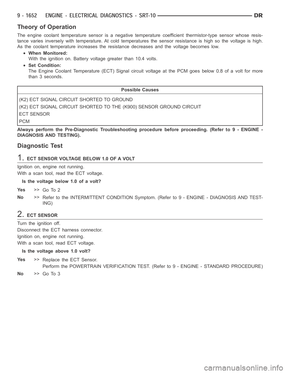 DODGE RAM SRT-10 2006 Service Repair Manual Theory of Operation
The engine coolant temperature sensor is a negative temperature coefficient thermistor-type sensor whose resis-
tance varies inversely with temperature. At cold temperatures the se DODGE RAM SRT-10 2006 Service Repair Manual Theory of Operation
The engine coolant temperature sensor is a negative temperature coefficient thermistor-type sensor whose resis-
tance varies inversely with temperature. At cold temperatures the se