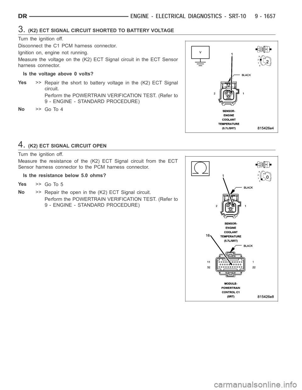 DODGE RAM SRT-10 2006 Service Repair Manual 3.(K2) ECT SIGNAL CIRCUIT SHORTED TO BATTERY VOLTAGE
Turn the ignition off.
Disconnect the C1 PCM harness connector.
Ignition on, engine not running.
Measure the voltage on the (K2) ECT Signal circuit DODGE RAM SRT-10 2006 Service Repair Manual 3.(K2) ECT SIGNAL CIRCUIT SHORTED TO BATTERY VOLTAGE
Turn the ignition off.
Disconnect the C1 PCM harness connector.
Ignition on, engine not running.
Measure the voltage on the (K2) ECT Signal circuit
