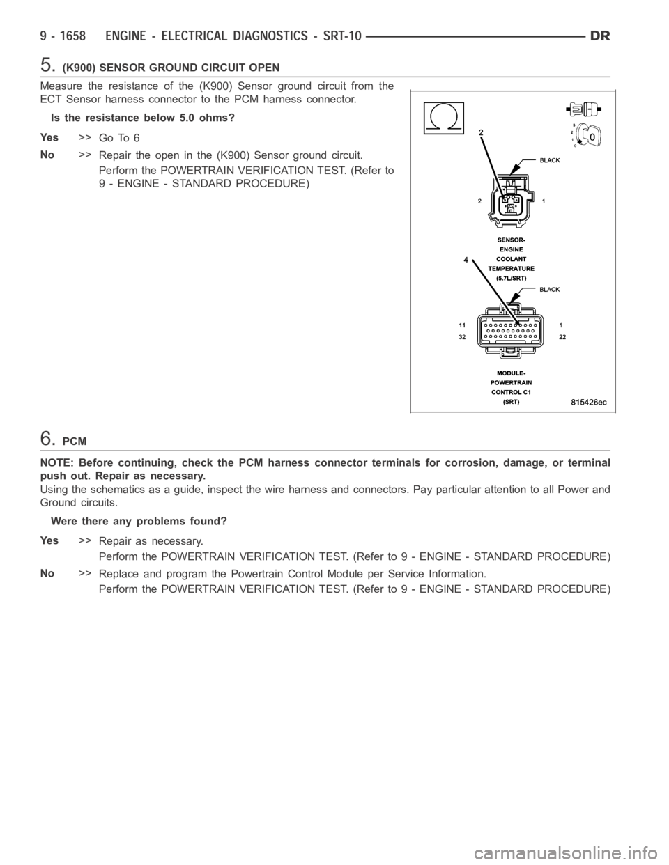 DODGE RAM SRT-10 2006 Service Repair Manual 5.(K900) SENSOR GROUND CIRCUIT OPEN
Measure the resistance of the (K900) Sensor ground circuit from the
ECT Sensor harness connector to the PCM harness connector.
Is the resistance below 5.0 ohms?
Ye DODGE RAM SRT-10 2006 Service Repair Manual 5.(K900) SENSOR GROUND CIRCUIT OPEN
Measure the resistance of the (K900) Sensor ground circuit from the
ECT Sensor harness connector to the PCM harness connector.
Is the resistance below 5.0 ohms?
Ye