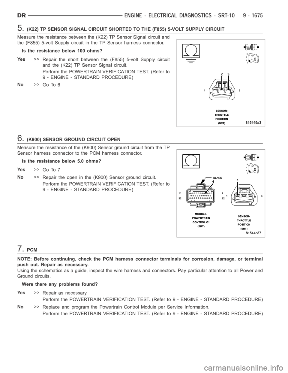DODGE RAM SRT-10 2006 Service Repair Manual 5.(K22) TP SENSOR SIGNAL CIRCUIT SHORTED TO THE (F855) 5-VOLT SUPPLY CIRCUIT
Measure the resistance between the (K22) TP Sensor Signal circuit and
the (F855) 5-volt Supply circuit in the TP Sensor har DODGE RAM SRT-10 2006 Service Repair Manual 5.(K22) TP SENSOR SIGNAL CIRCUIT SHORTED TO THE (F855) 5-VOLT SUPPLY CIRCUIT
Measure the resistance between the (K22) TP Sensor Signal circuit and
the (F855) 5-volt Supply circuit in the TP Sensor har