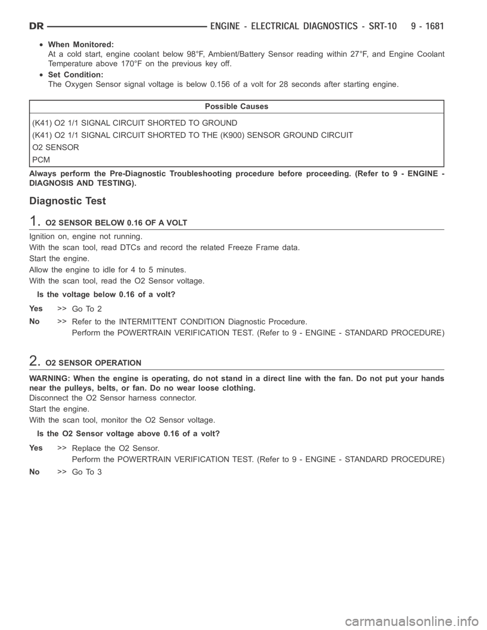 DODGE RAM SRT-10 2006 Service Repair Manual When Monitored:
At a cold start, engine coolant below 98°F, Ambient/Battery Sensor readingwithin27°F,andEngineCoolant
Temperature above 170°F on the previous key off.
Set Condition:
The Oxygen Sens DODGE RAM SRT-10 2006 Service Repair Manual When Monitored:
At a cold start, engine coolant below 98°F, Ambient/Battery Sensor readingwithin27°F,andEngineCoolant
Temperature above 170°F on the previous key off.
Set Condition:
The Oxygen Sens