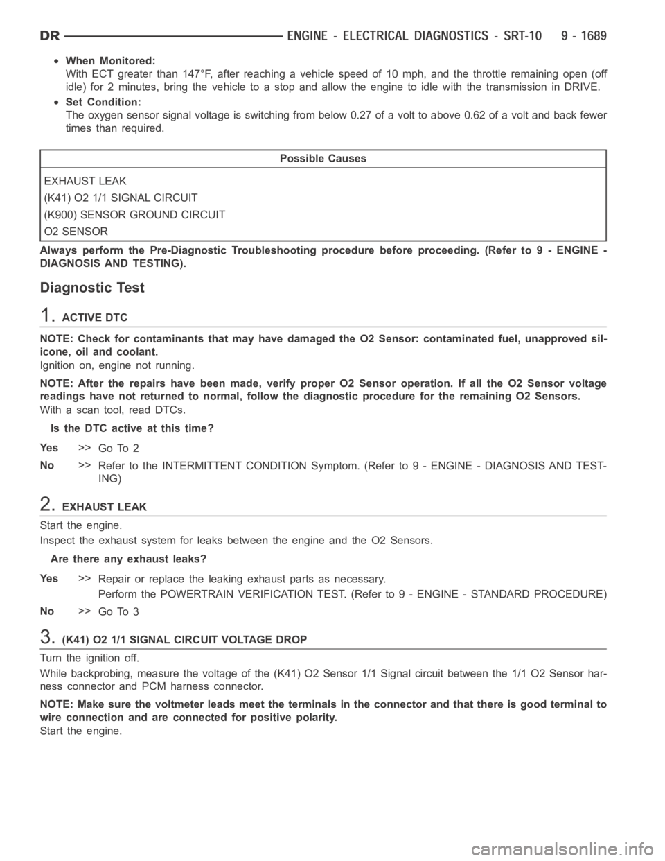 DODGE RAM SRT-10 2006 Service Repair Manual When Monitored:
With ECT greater than 147°F, after reaching a vehicle speed of 10 mph, and the throttle remaining open (off
idle) for 2 minutes, bring the vehicle to a stop and allow the engine to id DODGE RAM SRT-10 2006 Service Repair Manual When Monitored:
With ECT greater than 147°F, after reaching a vehicle speed of 10 mph, and the throttle remaining open (off
idle) for 2 minutes, bring the vehicle to a stop and allow the engine to id