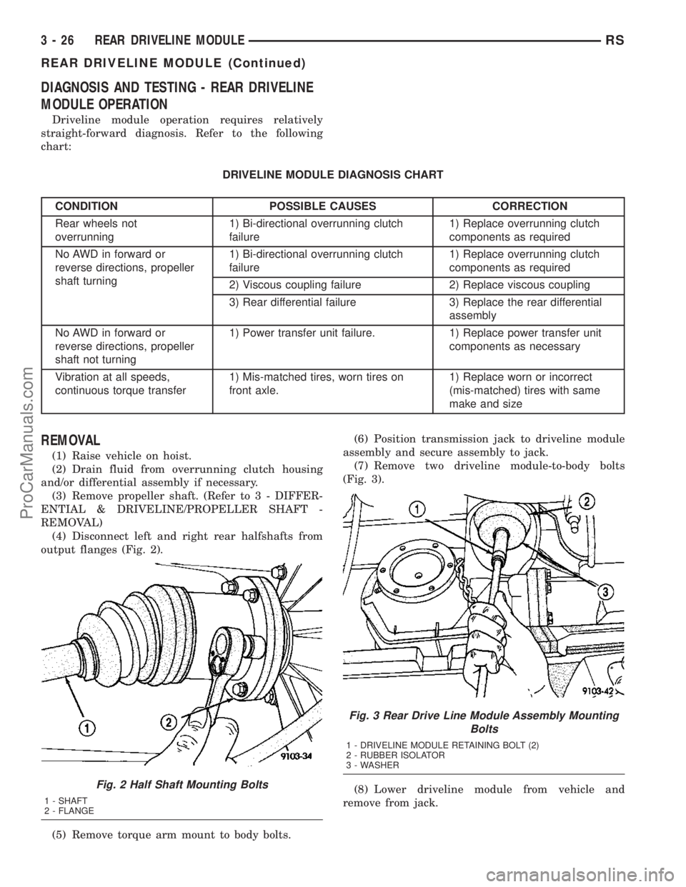 DODGE TOWN AND COUNTRY 2003  Service Manual DIAGNOSIS AND TESTING - REAR DRIVELINE
MODULE OPERATION
Driveline module operation requires relatively
straight-forward diagnosis. Refer to the following
chart:
DRIVELINE MODULE DIAGNOSIS CHART
CONDIT