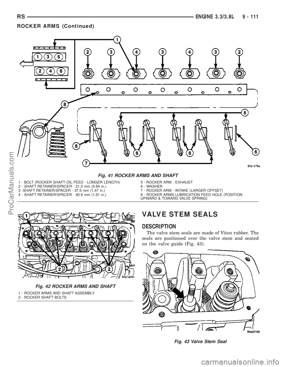 DODGE TOWN AND COUNTRY 2003 Service Manual VALVE STEM SEALS
DESCRIPTION
The valve stem seals are made of Viton rubber. The
seals are positioned over the valve stem and seated
on the valve guide (Fig. 43).
Fig. 41 ROCKER ARMS AND SHAFT
1 - BOLT DODGE TOWN AND COUNTRY 2003 Service Manual VALVE STEM SEALS
DESCRIPTION
The valve stem seals are made of Viton rubber. The
seals are positioned over the valve stem and seated
on the valve guide (Fig. 43).
Fig. 41 ROCKER ARMS AND SHAFT
1 - BOLT