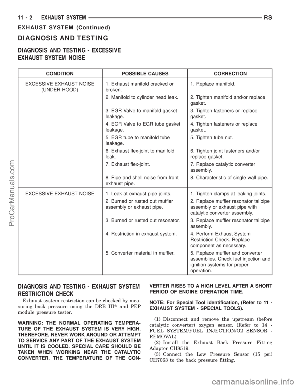 DODGE TOWN AND COUNTRY 2003  Service Manual DIAGNOSIS AND TESTING
DIAGNOSIS AND TESTING - EXCESSIVE
EXHAUST SYSTEM NOISE
CONDITION POSSIBLE CAUSES CORRECTION
EXCESSIVE EXHAUST NOISE
(UNDER HOOD)1. Exhaust manifold cracked or
broken.1. Replace m