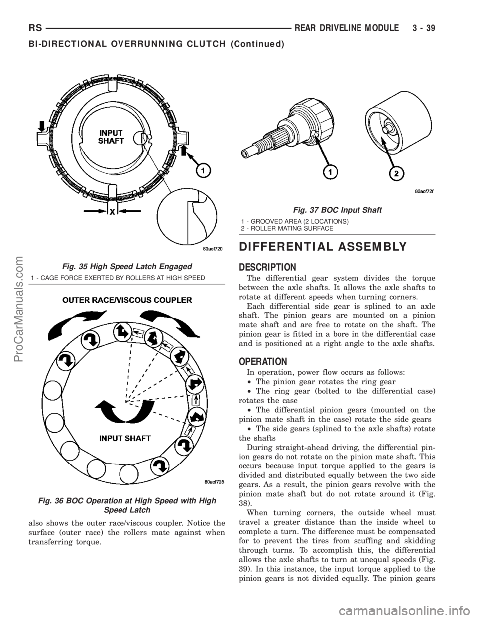 DODGE TOWN AND COUNTRY 2003  Service Manual also shows the outer race/viscous coupler. Notice the
surface (outer race) the rollers mate against when
transferring torque.
DIFFERENTIAL ASSEMBLY
DESCRIPTION
The differential gear system divides the