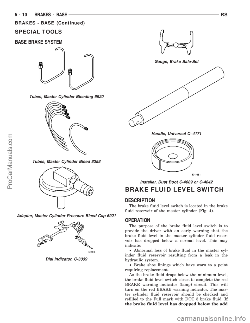 DODGE TOWN AND COUNTRY 2003 Service Manual SPECIAL TOOLS
BASE BRAKE SYSTEM
BRAKE FLUID LEVEL SWITCH
DESCRIPTION
The brake fluid level switch is located in the brake
fluid reservoir of the master cylinder (Fig. 4).
OPERATION
The purpose of the DODGE TOWN AND COUNTRY 2003 Service Manual SPECIAL TOOLS
BASE BRAKE SYSTEM
BRAKE FLUID LEVEL SWITCH
DESCRIPTION
The brake fluid level switch is located in the brake
fluid reservoir of the master cylinder (Fig. 4).
OPERATION
The purpose of the