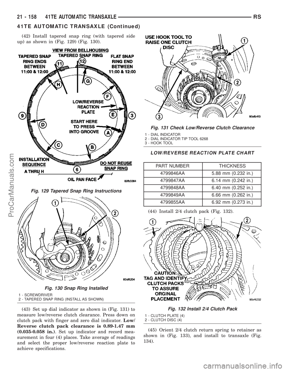 DODGE TOWN AND COUNTRY 2003 Service Manual (42) Install tapered snap ring (with tapered side
up) as shown in (Fig. 129) (Fig. 130).
(43) Set up dial indicator as shown in (Fig. 131) to
measure low/reverse clutch clearance. Press down on
clutch DODGE TOWN AND COUNTRY 2003 Service Manual (42) Install tapered snap ring (with tapered side
up) as shown in (Fig. 129) (Fig. 130).
(43) Set up dial indicator as shown in (Fig. 131) to
measure low/reverse clutch clearance. Press down on
clutch