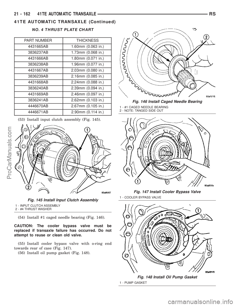 DODGE TOWN AND COUNTRY 2003 Service Manual NO. 4 THRUST PLATE CHART
PART NUMBER THICKNESS
4431665AB 1.60mm (0.063 in.)
3836237AB 1.73mm (0.068 in.)
4431666AB 1.80mm (0.071 in.)
3836238AB 1.96mm (0.077 in.)
4431667AB 2.03mm (0.080 in.)
3836239A DODGE TOWN AND COUNTRY 2003 Service Manual NO. 4 THRUST PLATE CHART
PART NUMBER THICKNESS
4431665AB 1.60mm (0.063 in.)
3836237AB 1.73mm (0.068 in.)
4431666AB 1.80mm (0.071 in.)
3836238AB 1.96mm (0.077 in.)
4431667AB 2.03mm (0.080 in.)
3836239A