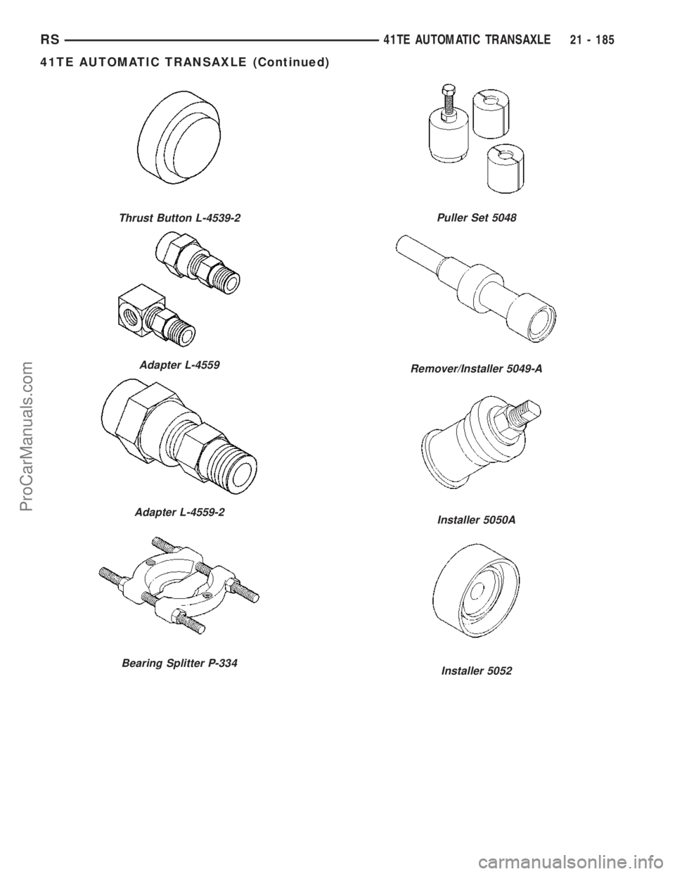 DODGE TOWN AND COUNTRY 2003 Service Manual Thrust Button L-4539-2
Adapter L-4559
Adapter L-4559-2
Bearing Splitter P-334
Puller Set 5048
Remover/Installer 5049-A
Installer 5050A
Installer 5052
RS41TE AUTOMATIC TRANSAXLE21 - 185
41TE AUTOMATIC DODGE TOWN AND COUNTRY 2003 Service Manual Thrust Button L-4539-2
Adapter L-4559
Adapter L-4559-2
Bearing Splitter P-334
Puller Set 5048
Remover/Installer 5049-A
Installer 5050A
Installer 5052
RS41TE AUTOMATIC TRANSAXLE21 - 185
41TE AUTOMATIC