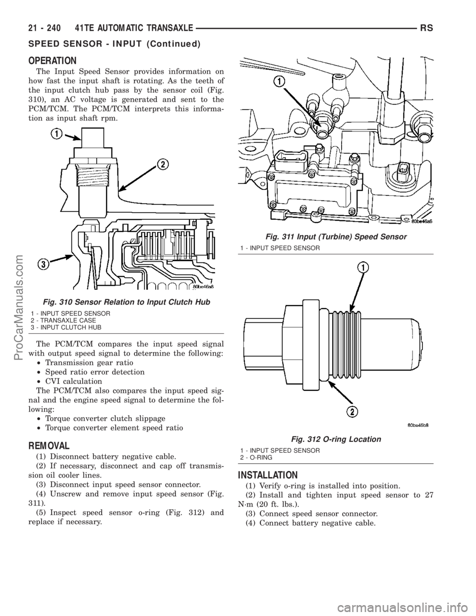 DODGE TOWN AND COUNTRY 2003 Service Manual OPERATION
The Input Speed Sensor provides information on
how fast the input shaft is rotating. As the teeth of
the input clutch hub pass by the sensor coil (Fig.
310), an AC voltage is generated and s DODGE TOWN AND COUNTRY 2003 Service Manual OPERATION
The Input Speed Sensor provides information on
how fast the input shaft is rotating. As the teeth of
the input clutch hub pass by the sensor coil (Fig.
310), an AC voltage is generated and s