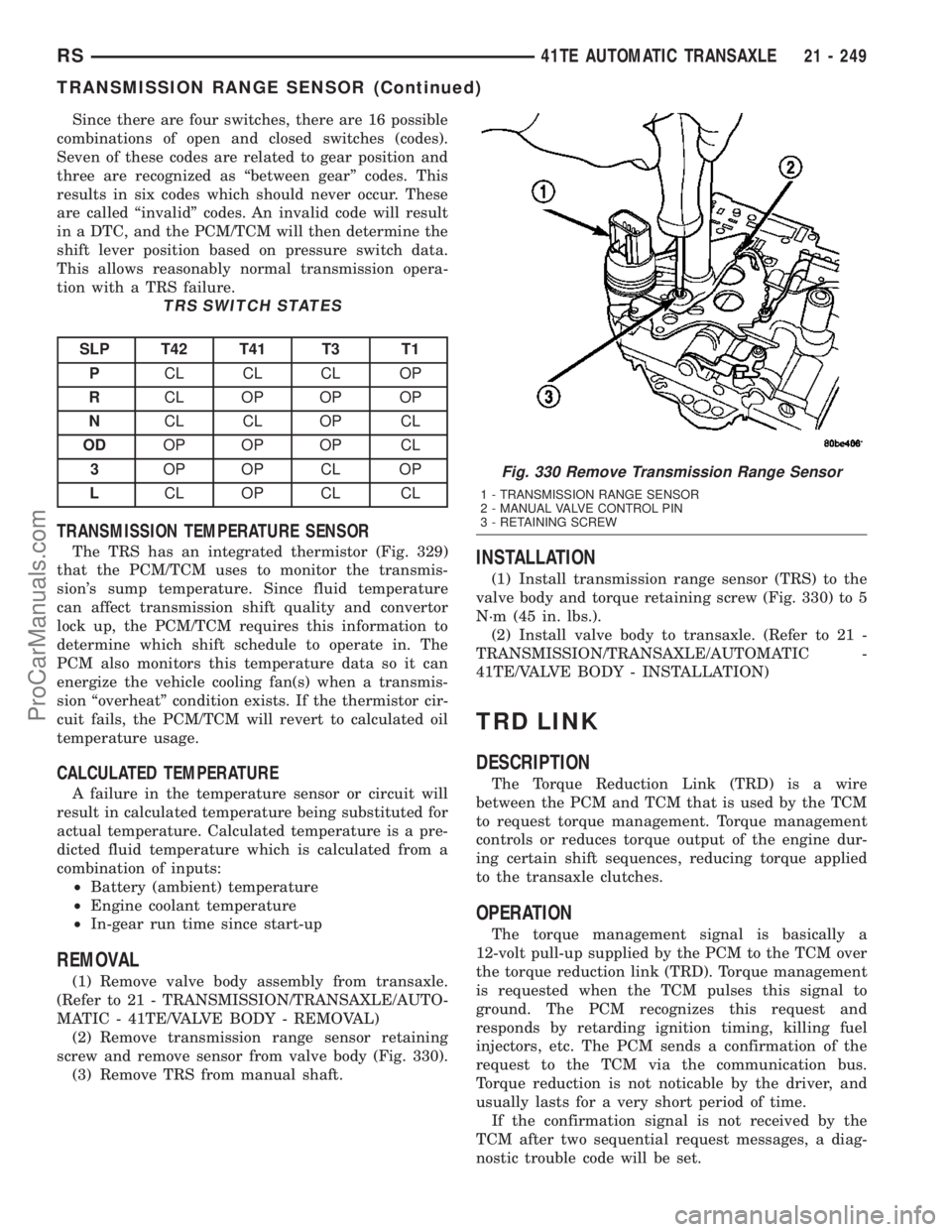 DODGE TOWN AND COUNTRY 2003 Service Manual Since there are four switches, there are 16 possible
combinations of open and closed switches (codes).
Seven of these codes are related to gear position and
three are recognized as ªbetween gearº co DODGE TOWN AND COUNTRY 2003 Service Manual Since there are four switches, there are 16 possible
combinations of open and closed switches (codes).
Seven of these codes are related to gear position and
three are recognized as ªbetween gearº co