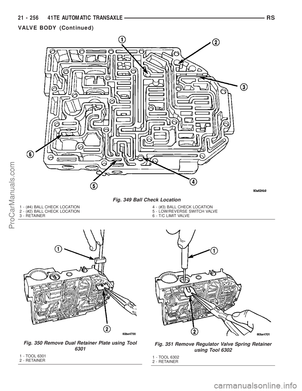 DODGE TOWN AND COUNTRY 2003  Service Manual Fig. 349 Ball Check Location
1 - (#4) BALL CHECK LOCATION
2 - (#2) BALL CHECK LOCATION
3 - RETAINER4 - (#3) BALL CHECK LOCATION
5 - LOW/REVERSE SWITCH VALVE
6 - T/C LIMIT VALVE
Fig. 350 Remove Dual Re