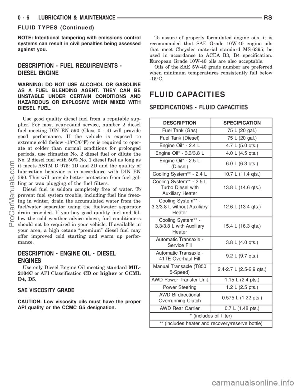DODGE TOWN AND COUNTRY 2003 User Guide NOTE: Intentional tampering with emissions control
systems can result in civil penalties being assessed
against you.
DESCRIPTION - FUEL REQUIREMENTS -
DIESEL ENGINE
WARNING: DO NOT USE ALCOHOL OR GASO DODGE TOWN AND COUNTRY 2003 User Guide NOTE: Intentional tampering with emissions control
systems can result in civil penalties being assessed
against you.
DESCRIPTION - FUEL REQUIREMENTS -
DIESEL ENGINE
WARNING: DO NOT USE ALCOHOL OR GASO