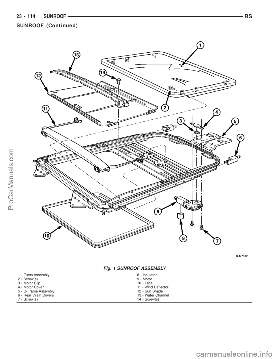 DODGE TOWN AND COUNTRY 2003  Service Manual Fig. 1 SUNROOF ASSEMBLY
1 - Glass Assembly 8 - Insulator
2 - Screw(s) 9 - Motor
3 - Motor Clip 10 - Lace
4 - Motor Cover 11 - Wind Deflector
5 - U-Frame Assembly 12 - Sun Shade
6 - Rear Drain Covers 1