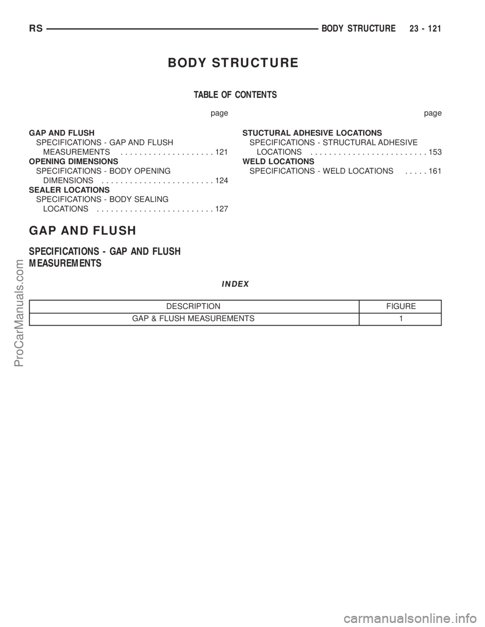 DODGE TOWN AND COUNTRY 2003  Service Manual BODY STRUCTURE
TABLE OF CONTENTS
page page
GAP AND FLUSH
SPECIFICATIONS - GAP AND FLUSH
MEASUREMENTS....................121
OPENING DIMENSIONS
SPECIFICATIONS - BODY OPENING
DIMENSIONS.................