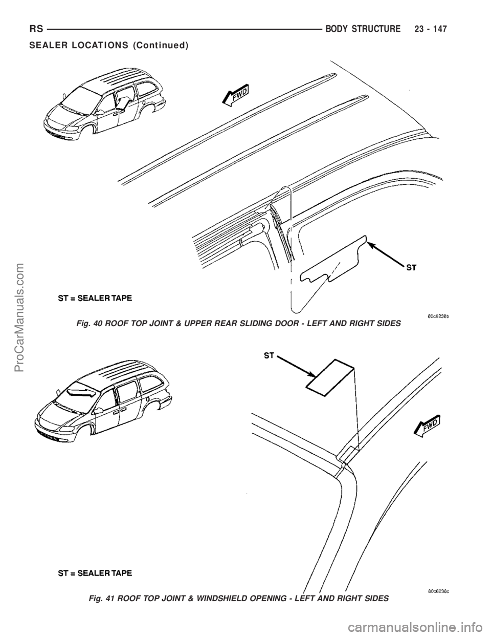 DODGE TOWN AND COUNTRY 2003  Service Manual Fig. 40 ROOF TOP JOINT & UPPER REAR SLIDING DOOR - LEFT AND RIGHT SIDES
Fig. 41 ROOF TOP JOINT & WINDSHIELD OPENING - LEFT AND RIGHT SIDES
RSBODY STRUCTURE23 - 147
SEALER LOCATIONS (Continued)
ProCarM