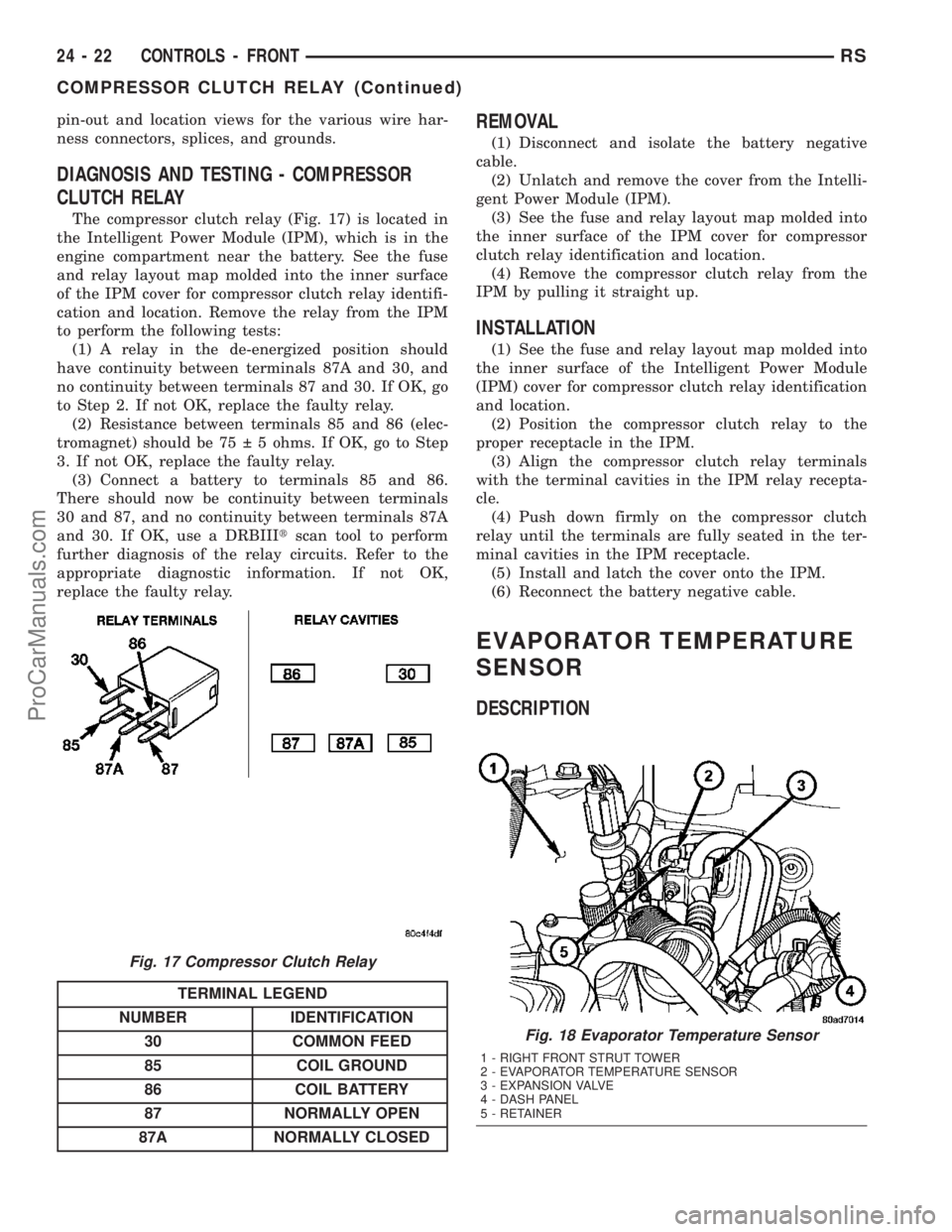 DODGE TOWN AND COUNTRY 2003  Service Manual pin-out and location views for the various wire har-
ness connectors, splices, and grounds.
DIAGNOSIS AND TESTING - COMPRESSOR
CLUTCH RELAY
The compressor clutch relay (Fig. 17) is located in
the Inte