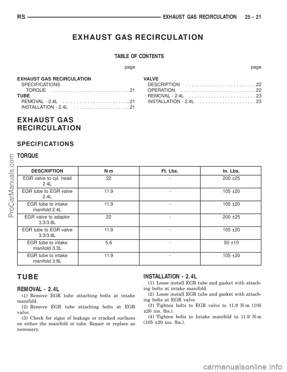 DODGE TOWN AND COUNTRY 2003 Service Manual EXHAUST GAS RECIRCULATION
TABLE OF CONTENTS
page page
EXHAUST GAS RECIRCULATION
SPECIFICATIONS
TORQUE............................21
TUBE
REMOVAL - 2.4L........................21
INSTALLATION - 2.4L... DODGE TOWN AND COUNTRY 2003 Service Manual EXHAUST GAS RECIRCULATION
TABLE OF CONTENTS
page page
EXHAUST GAS RECIRCULATION
SPECIFICATIONS
TORQUE............................21
TUBE
REMOVAL - 2.4L........................21
INSTALLATION - 2.4L...