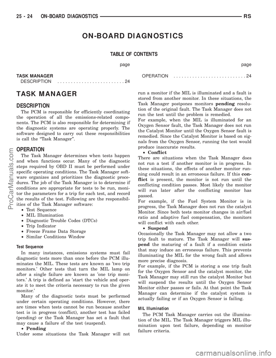 DODGE TOWN AND COUNTRY 2003 Service Manual ON-BOARD DIAGNOSTICS
TABLE OF CONTENTS
page page
TASK MANAGER
DESCRIPTION.........................24OPERATION...........................24
TASK MANAGER
DESCRIPTION
The PCM is responsible for efficient DODGE TOWN AND COUNTRY 2003 Service Manual ON-BOARD DIAGNOSTICS
TABLE OF CONTENTS
page page
TASK MANAGER
DESCRIPTION.........................24OPERATION...........................24
TASK MANAGER
DESCRIPTION
The PCM is responsible for efficient