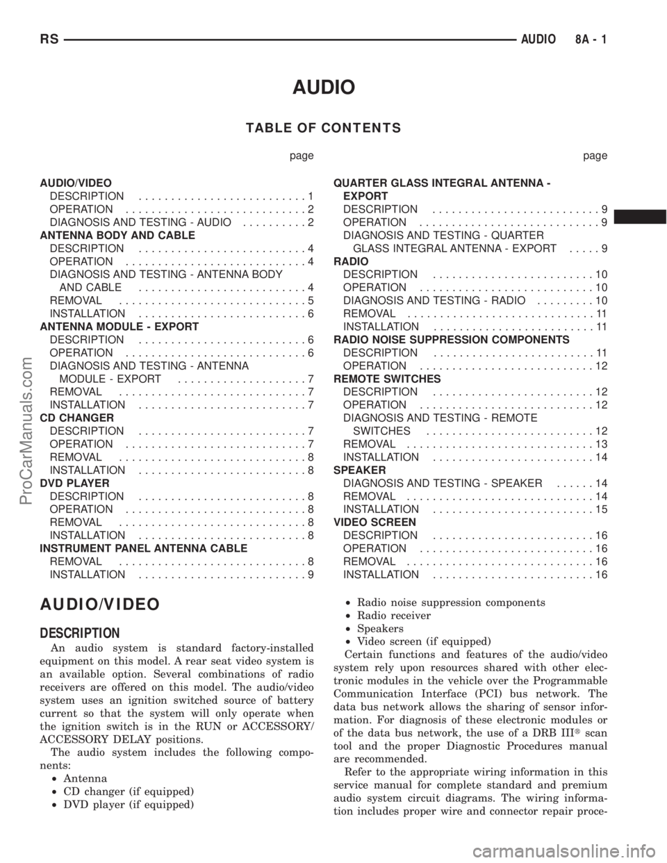 DODGE TOWN AND COUNTRY 2003 Owners Manual AUDIO
TABLE OF CONTENTS
page page
AUDIO/VIDEO
DESCRIPTION..........................1
OPERATION............................2
DIAGNOSIS AND TESTING - AUDIO..........2
ANTENNA BODY AND CABLE
DESCRIPTION. DODGE TOWN AND COUNTRY 2003 Owners Manual AUDIO
TABLE OF CONTENTS
page page
AUDIO/VIDEO
DESCRIPTION..........................1
OPERATION............................2
DIAGNOSIS AND TESTING - AUDIO..........2
ANTENNA BODY AND CABLE
DESCRIPTION.