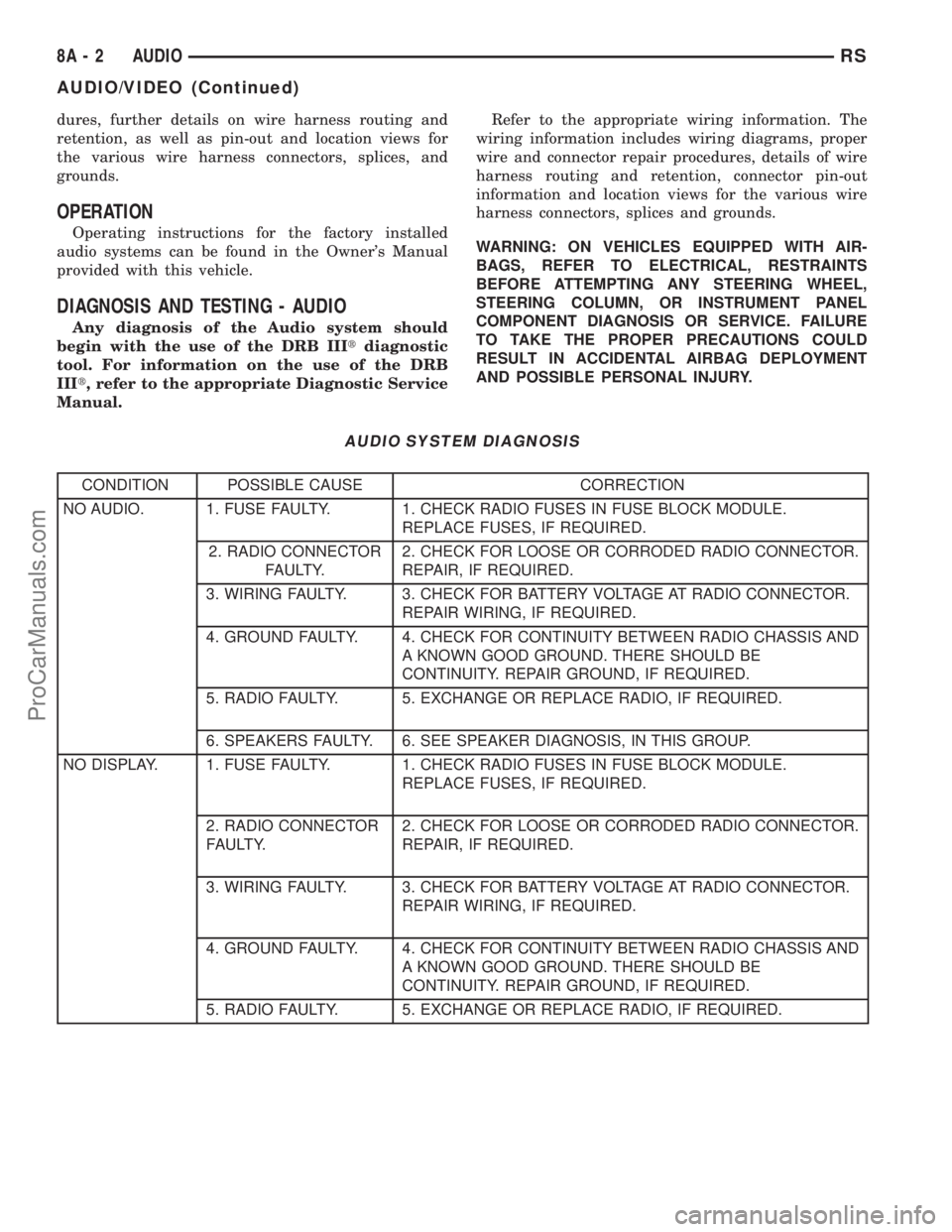 DODGE TOWN AND COUNTRY 2003  Service Manual dures, further details on wire harness routing and
retention, as well as pin-out and location views for
the various wire harness connectors, splices, and
grounds.
OPERATION
Operating instructions for 