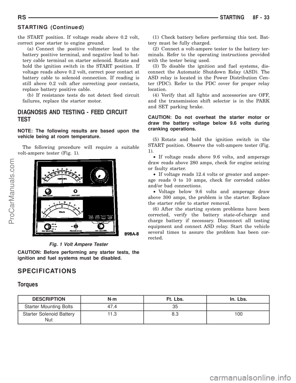 DODGE TOWN AND COUNTRY 2003 Service Manual the START position. If voltage reads above 0.2 volt,
correct poor starter to engine ground.
(a) Connect the positive voltmeter lead to the
battery positive terminal, and negative lead to bat-
tery cab DODGE TOWN AND COUNTRY 2003 Service Manual the START position. If voltage reads above 0.2 volt,
correct poor starter to engine ground.
(a) Connect the positive voltmeter lead to the
battery positive terminal, and negative lead to bat-
tery cab