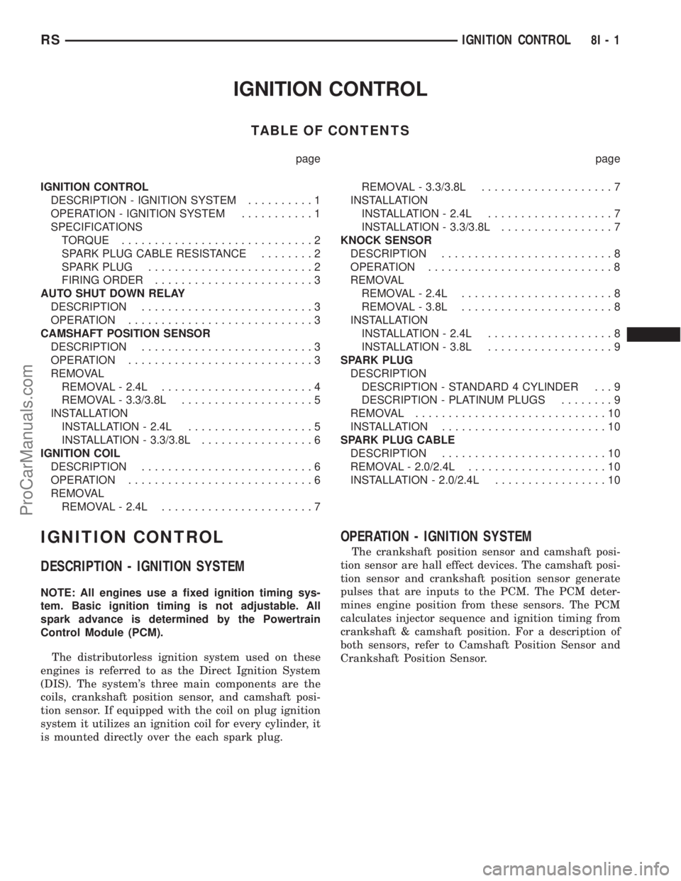 DODGE TOWN AND COUNTRY 2003 Repair Manual IGNITION CONTROL
TABLE OF CONTENTS
page page
IGNITION CONTROL
DESCRIPTION - IGNITION SYSTEM..........1
OPERATION - IGNITION SYSTEM...........1
SPECIFICATIONS
TORQUE.............................2
SPARK DODGE TOWN AND COUNTRY 2003 Repair Manual IGNITION CONTROL
TABLE OF CONTENTS
page page
IGNITION CONTROL
DESCRIPTION - IGNITION SYSTEM..........1
OPERATION - IGNITION SYSTEM...........1
SPECIFICATIONS
TORQUE.............................2
SPARK