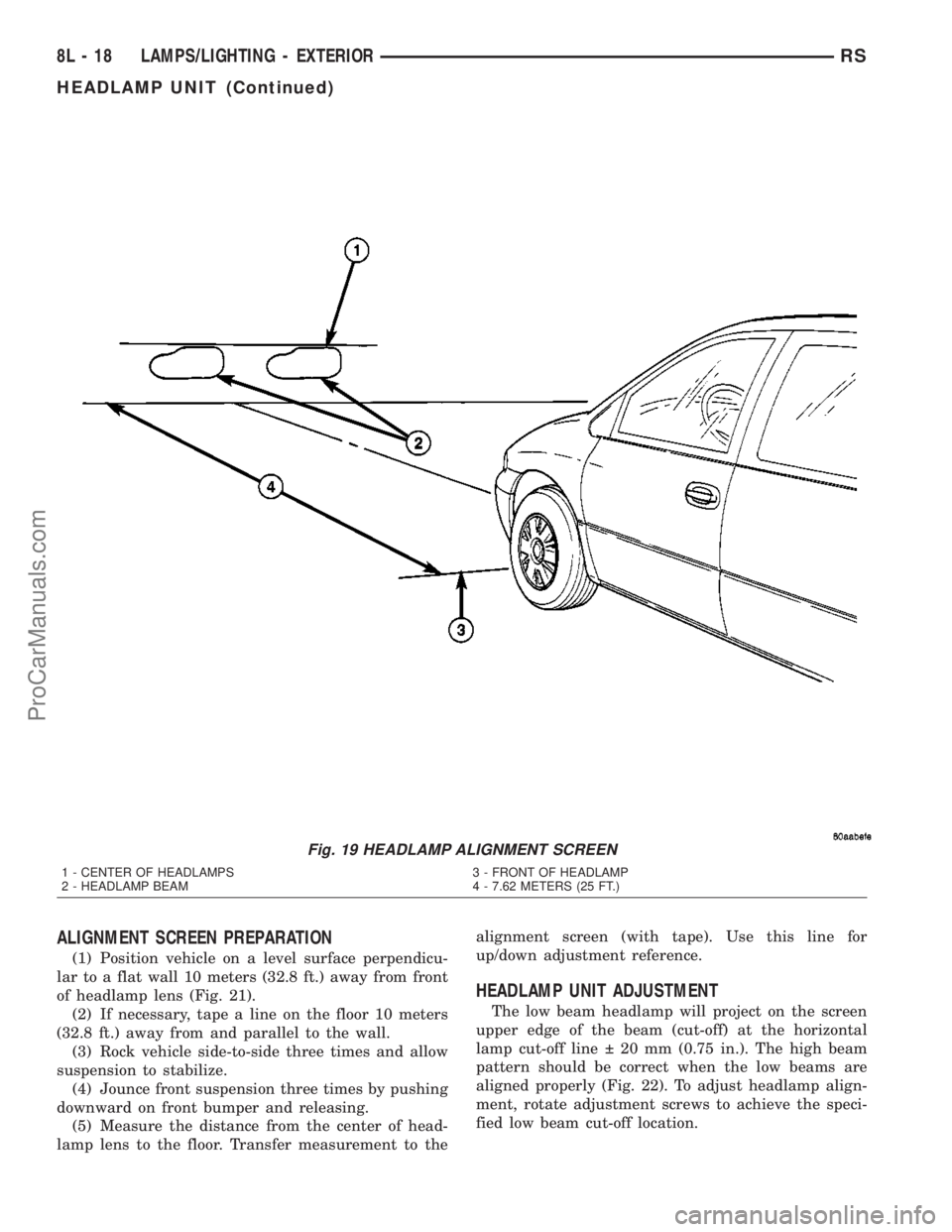 DODGE TOWN AND COUNTRY 2003 Owners Manual ALIGNMENT SCREEN PREPARATION
(1) Position vehicle on a level surface perpendicu-
lar to a flat wall 10 meters (32.8 ft.) away from front
of headlamp lens (Fig. 21).
(2) If necessary, tape a line on th