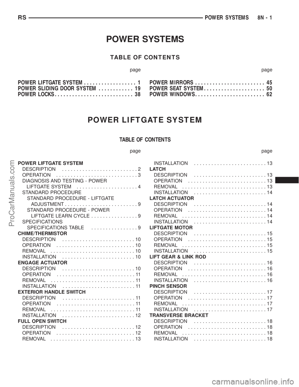 DODGE TOWN AND COUNTRY 2003 Manual PDF POWER SYSTEMS
TABLE OF CONTENTS
page page
POWER LIFTGATE SYSTEM.................. 1
POWER SLIDING DOOR SYSTEM............ 19
POWER LOCKS........................... 38POWER MIRRORS..................... DODGE TOWN AND COUNTRY 2003 Manual PDF POWER SYSTEMS
TABLE OF CONTENTS
page page
POWER LIFTGATE SYSTEM.................. 1
POWER SLIDING DOOR SYSTEM............ 19
POWER LOCKS........................... 38POWER MIRRORS.....................