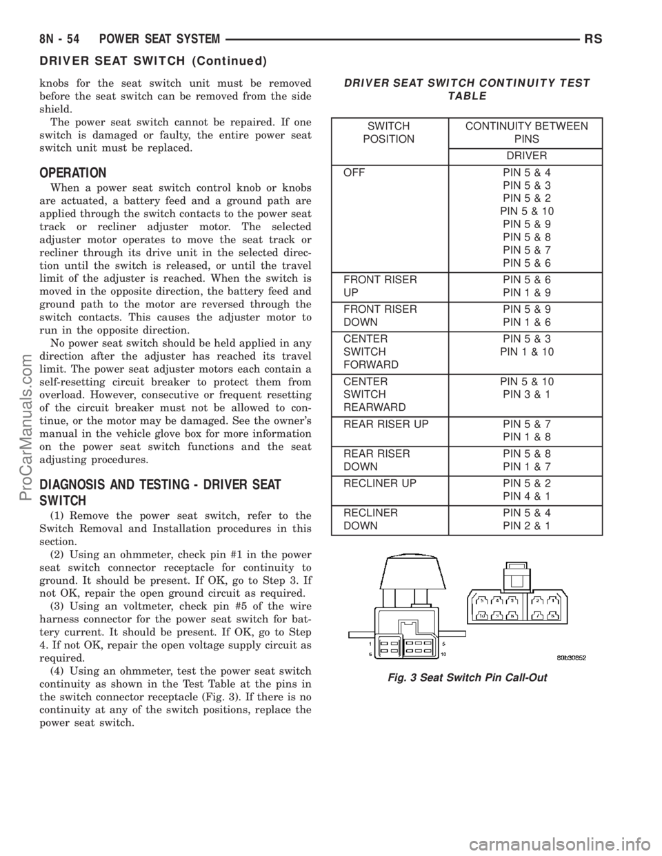 DODGE TOWN AND COUNTRY 2003  Service Manual knobs for the seat switch unit must be removed
before the seat switch can be removed from the side
shield.
The power seat switch cannot be repaired. If one
switch is damaged or faulty, the entire powe