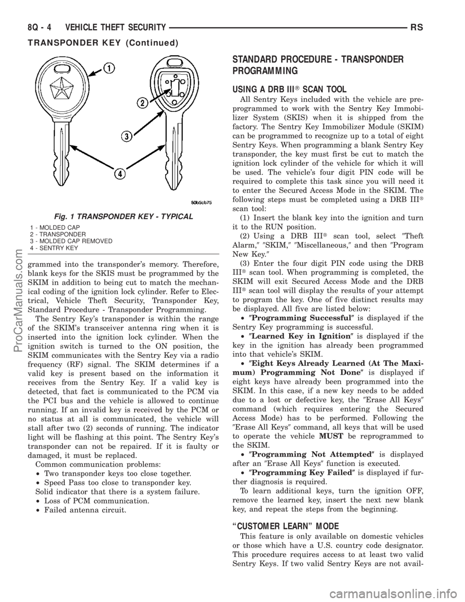 DODGE TOWN AND COUNTRY 2003  Service Manual grammed into the transponders memory. Therefore,
blank keys for the SKIS must be programmed by the
SKIM in addition to being cut to match the mechan-
ical coding of the ignition lock cylinder. Refer 