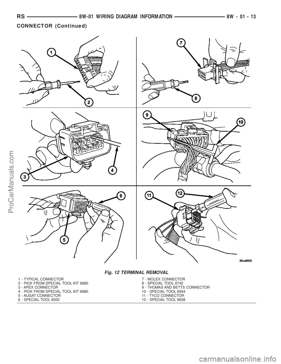 DODGE TOWN AND COUNTRY 2003  Service Manual Fig. 12 TERMINAL REMOVAL
1 - TYPICAL CONNECTOR
2 - PICK FROM SPECIAL TOOL KIT 6680
3 - APEX CONNECTOR
4 - PICK FROM SPECIAL TOOL KIT 6680
5 - AUGAT CONNECTOR
6 - SPECIAL TOOL 69327 - MOLEX CONNECTOR
8