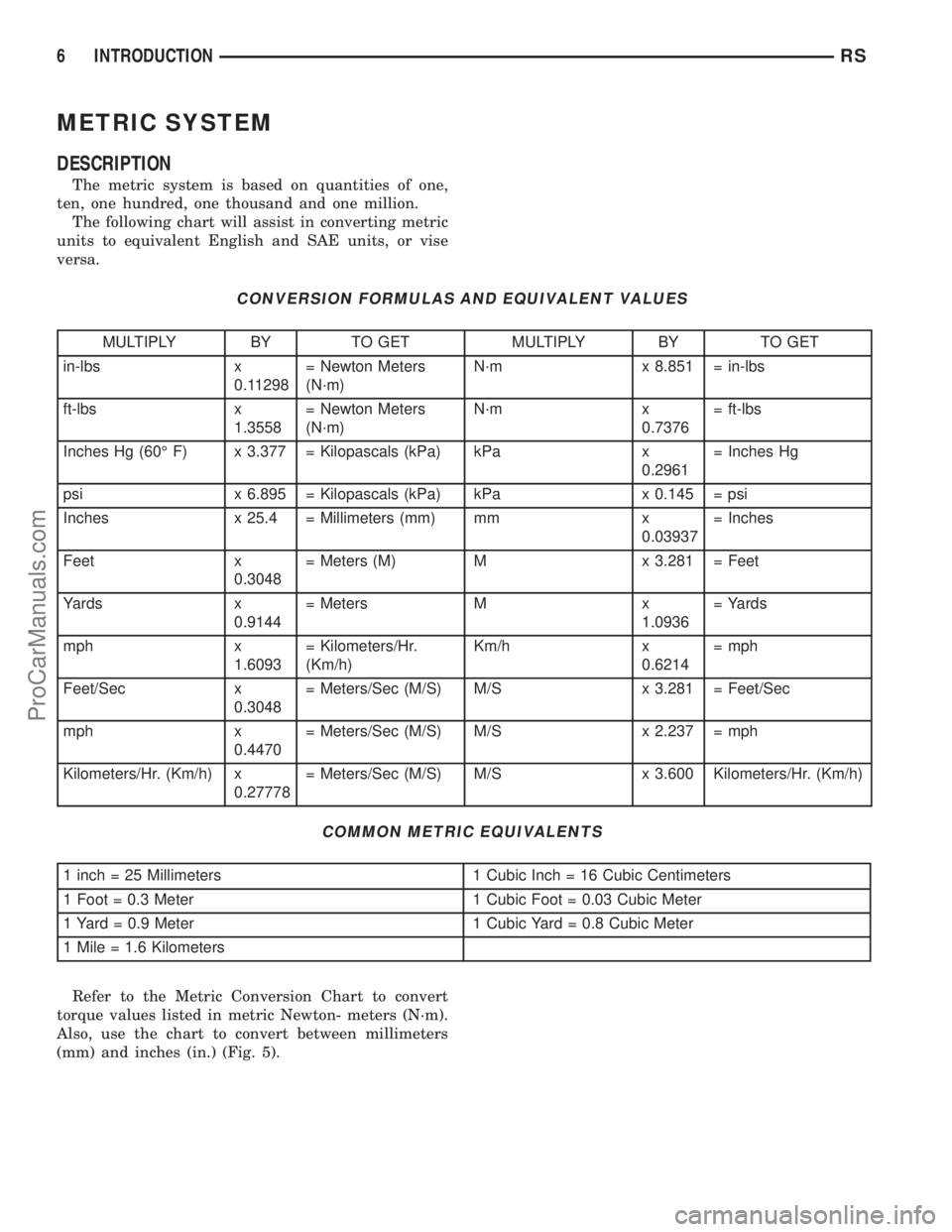 DODGE TOWN AND COUNTRY 2003  Service Manual METRIC SYSTEM
DESCRIPTION
The metric system is based on quantities of one,
ten, one hundred, one thousand and one million.
The following chart will assist in converting metric
units to equivalent Engl