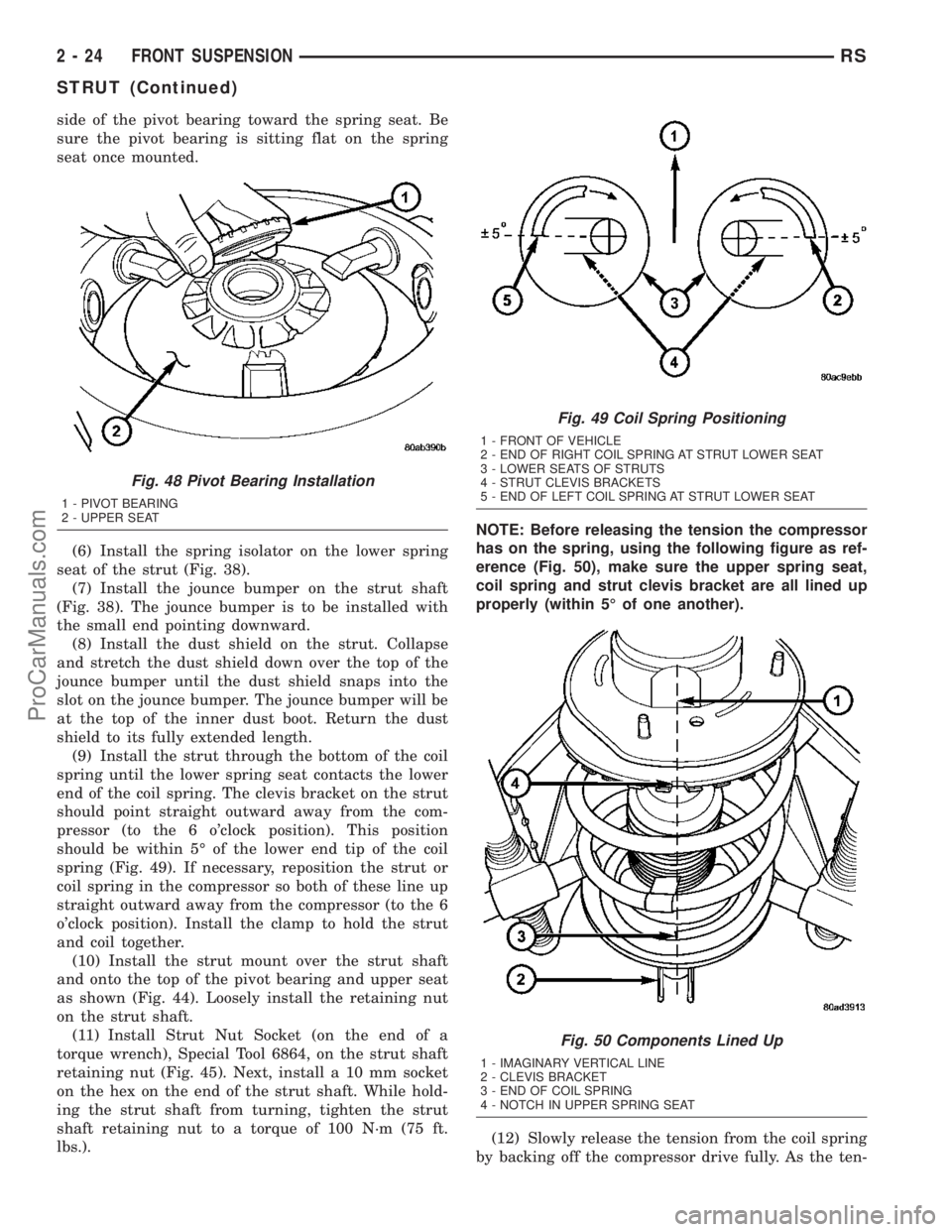 DODGE TOWN AND COUNTRY 2003  Service Manual side of the pivot bearing toward the spring seat. Be
sure the pivot bearing is sitting flat on the spring
seat once mounted.
(6) Install the spring isolator on the lower spring
seat of the strut (Fig.