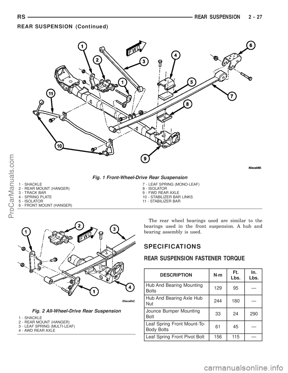 DODGE TOWN AND COUNTRY 2003 Repair Manual The rear wheel bearings used are similar to the
bearings used in the front suspension. A hub and
bearing assembly is used.
SPECIFICATIONS
REAR SUSPENSION FASTENER TORQUE
DESCRIPTION N´mFt.
Lbs.In.
Lb