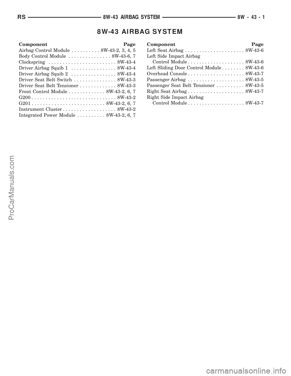 DODGE TOWN AND COUNTRY 2003  Service Manual 8W-43 AIRBAG SYSTEM
Component Page
Airbag Control Module.......... 8W-43-2, 3, 4, 5
Body Control Module............... 8W-43-6, 7
Clockspring........................ 8W-43-4
Driver Airbag Squib 1.....