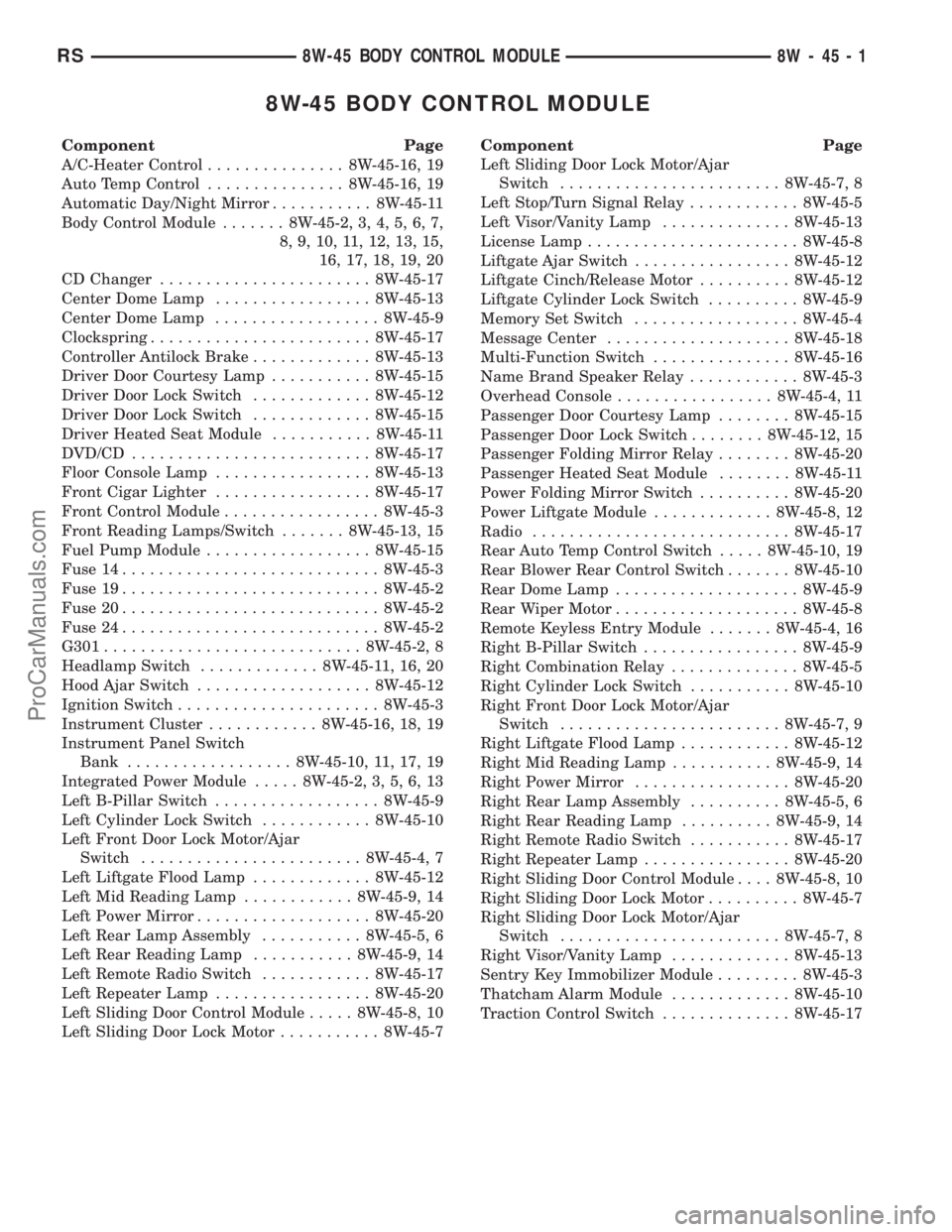 DODGE TOWN AND COUNTRY 2003 Workshop Manual 8W-45 BODY CONTROL MODULE
Component Page
A/C-Heater Control............... 8W-45-16, 19
Auto Temp Control............... 8W-45-16, 19
Automatic Day/Night Mirror........... 8W-45-11
Body Control Module