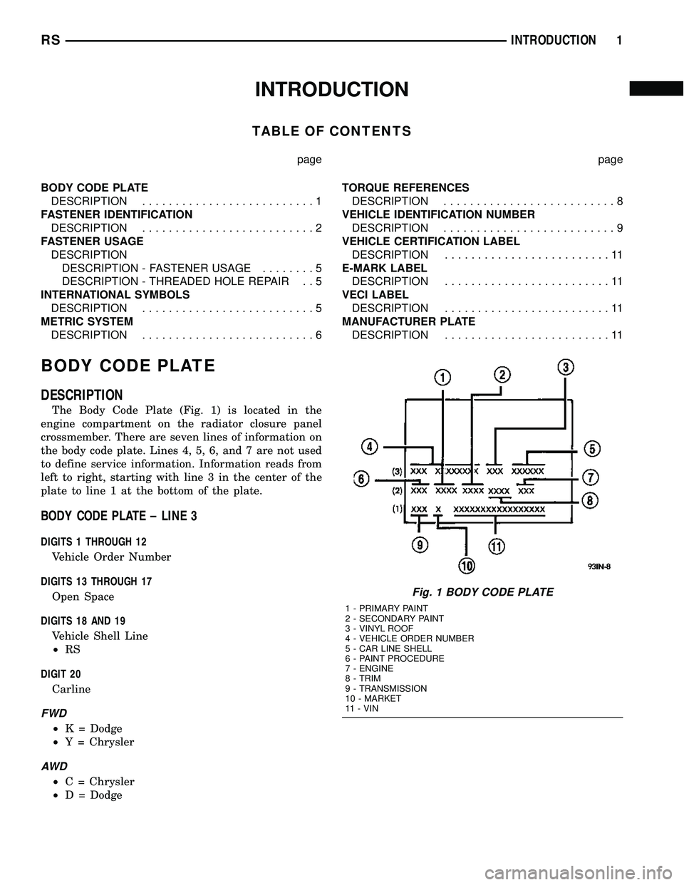 DODGE TOWN AND COUNTRY 2004 Service Manual INTRODUCTION
TABLE OF CONTENTS
page page
BODY CODE PLATE
DESCRIPTION..........................1
FASTENER IDENTIFICATION
DESCRIPTION..........................2
FASTENER USAGE
DESCRIPTION
DESCRIPTION - DODGE TOWN AND COUNTRY 2004 Service Manual INTRODUCTION
TABLE OF CONTENTS
page page
BODY CODE PLATE
DESCRIPTION..........................1
FASTENER IDENTIFICATION
DESCRIPTION..........................2
FASTENER USAGE
DESCRIPTION
DESCRIPTION -