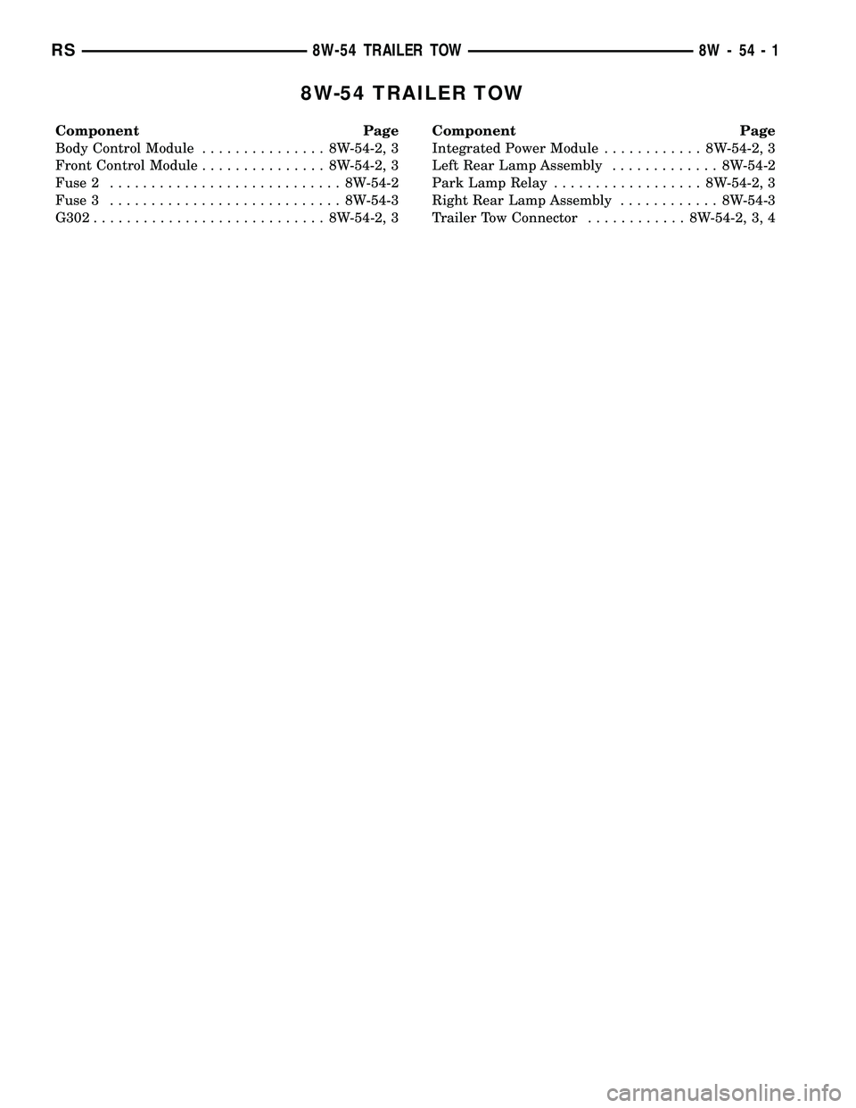 DODGE TOWN AND COUNTRY 2004  Service Manual 8W-54 TRAILER TOW
Component Page
Body Control Module............... 8W-54-2, 3
Front Control Module............... 8W-54-2, 3
Fuse 2............................ 8W-54-2
Fuse 3.........................