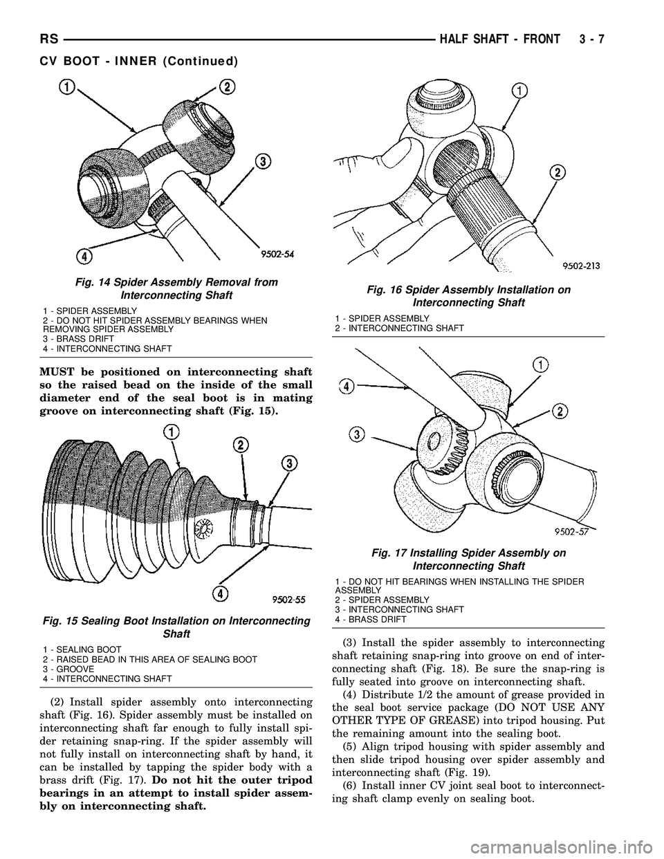DODGE TOWN AND COUNTRY 2004  Service Manual MUST be positioned on interconnecting shaft
so the raised bead on the inside of the small
diameter end of the seal boot is in mating
groove on interconnecting shaft (Fig. 15).
(2) Install spider assem