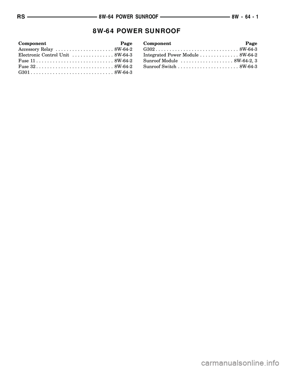 DODGE TOWN AND COUNTRY 2004  Service Manual 8W-64 POWER SUNROOF
Component Page
Accessory Relay..................... 8W-64-2
Electronic Control Unit............... 8W-64-3
Fuse 11............................ 8W-64-2
Fuse 32......................