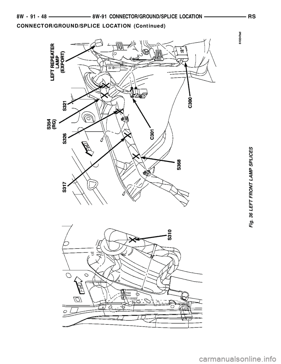 DODGE TOWN AND COUNTRY 2004  Service Manual Fig. 36 LEFT FRONT LAMP SPLICES
8W - 91 - 48 8W-91 CONNECTOR/GROUND/SPLICE LOCATIONRS
CONNECTOR/GROUND/SPLICE LOCATION (Continued) 