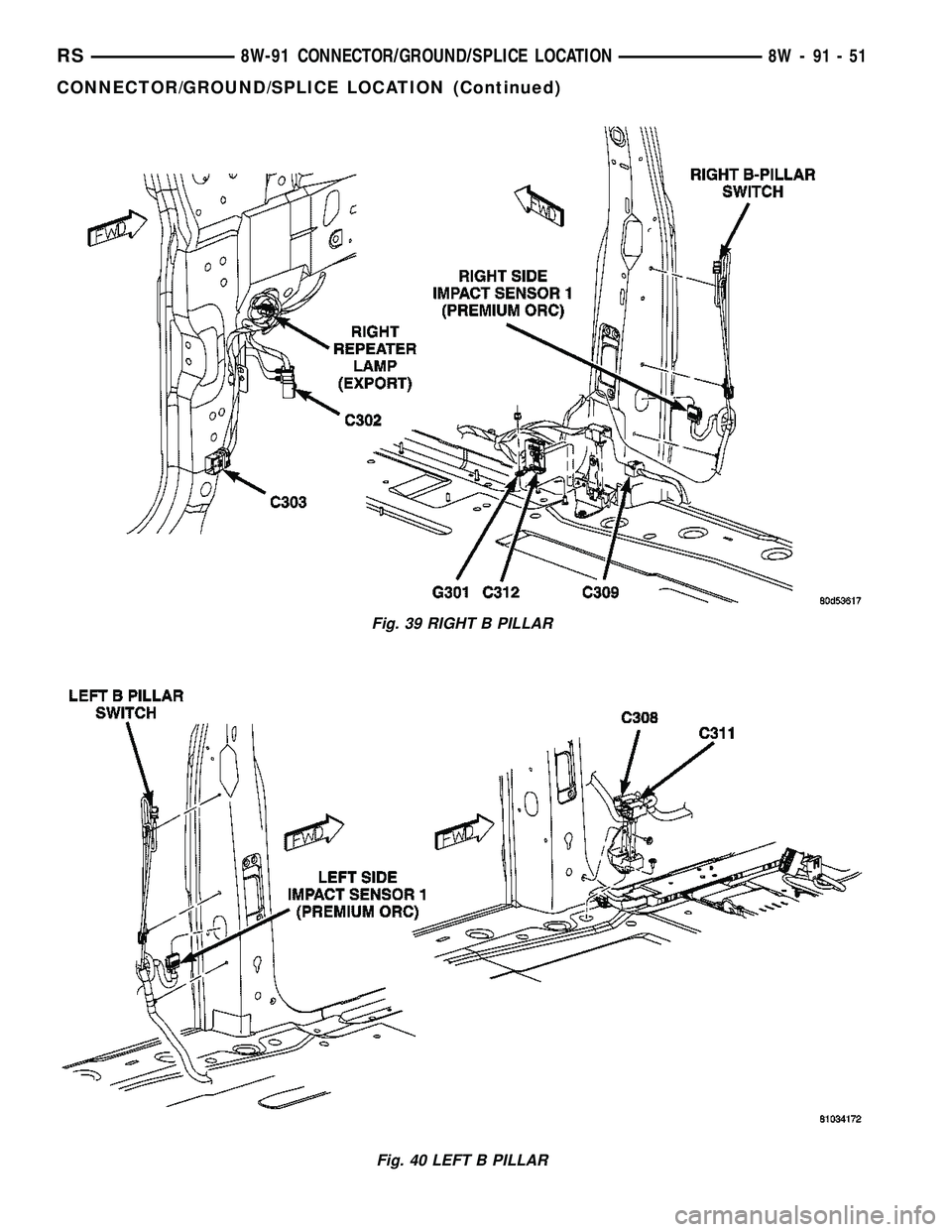 DODGE TOWN AND COUNTRY 2004  Service Manual Fig. 39 RIGHT B PILLAR
Fig. 40 LEFT B PILLAR
RS8W-91 CONNECTOR/GROUND/SPLICE LOCATION8W-91-51
CONNECTOR/GROUND/SPLICE LOCATION (Continued) 