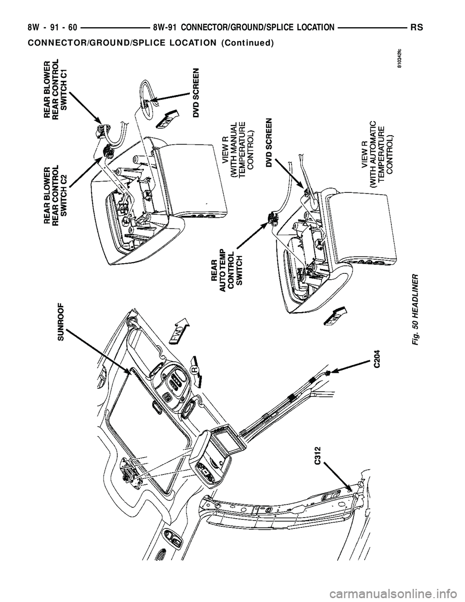 DODGE TOWN AND COUNTRY 2004  Service Manual Fig. 50 HEADLINER
8W - 91 - 60 8W-91 CONNECTOR/GROUND/SPLICE LOCATIONRS
CONNECTOR/GROUND/SPLICE LOCATION (Continued) 