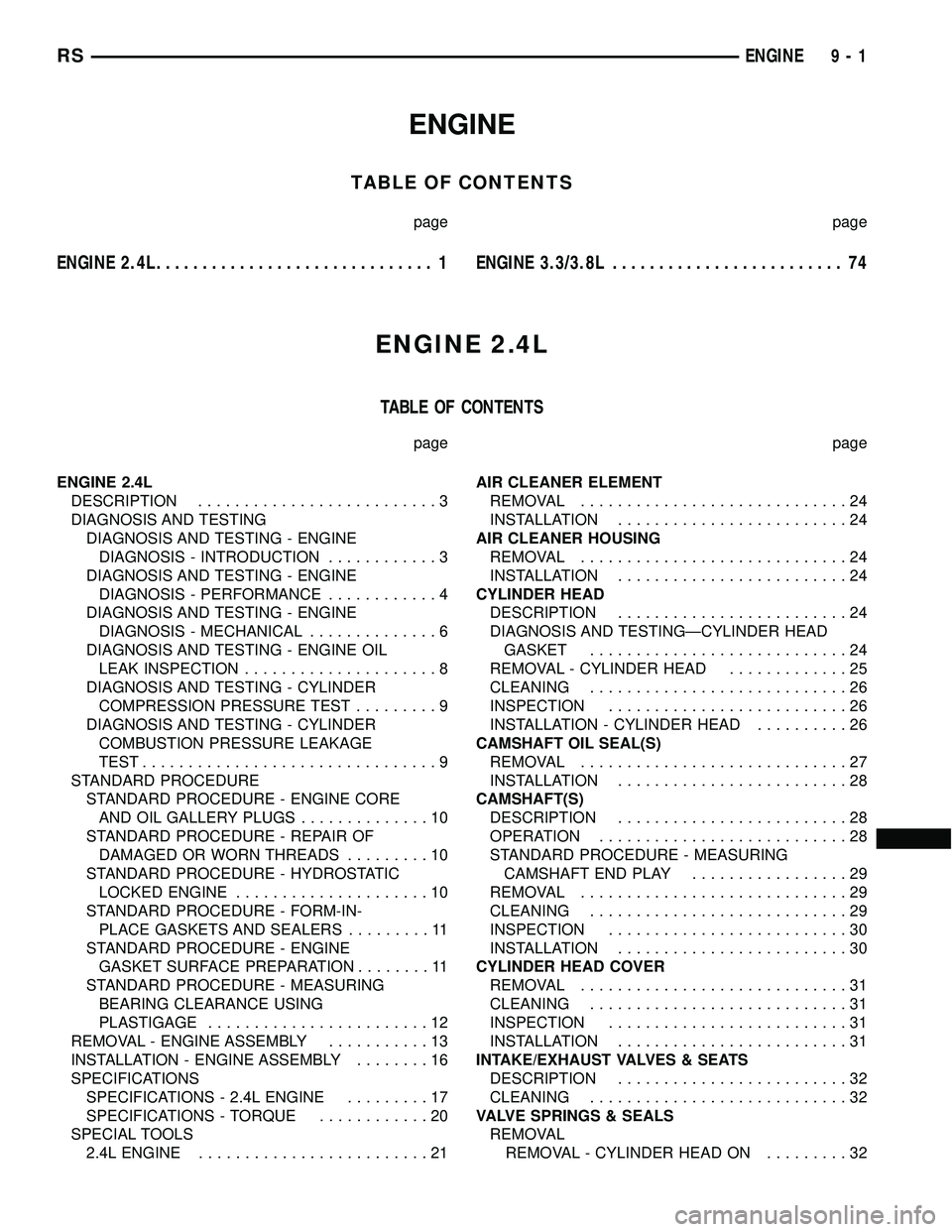 DODGE TOWN AND COUNTRY 2004  Service Manual ENGINE
TABLE OF CONTENTS
page page
ENGINE 2.4L.............................. 1ENGINE 3.3/3.8L......................... 74
ENGINE 2.4L
TABLE OF CONTENTS
page page
ENGINE 2.4L
DESCRIPTION...............