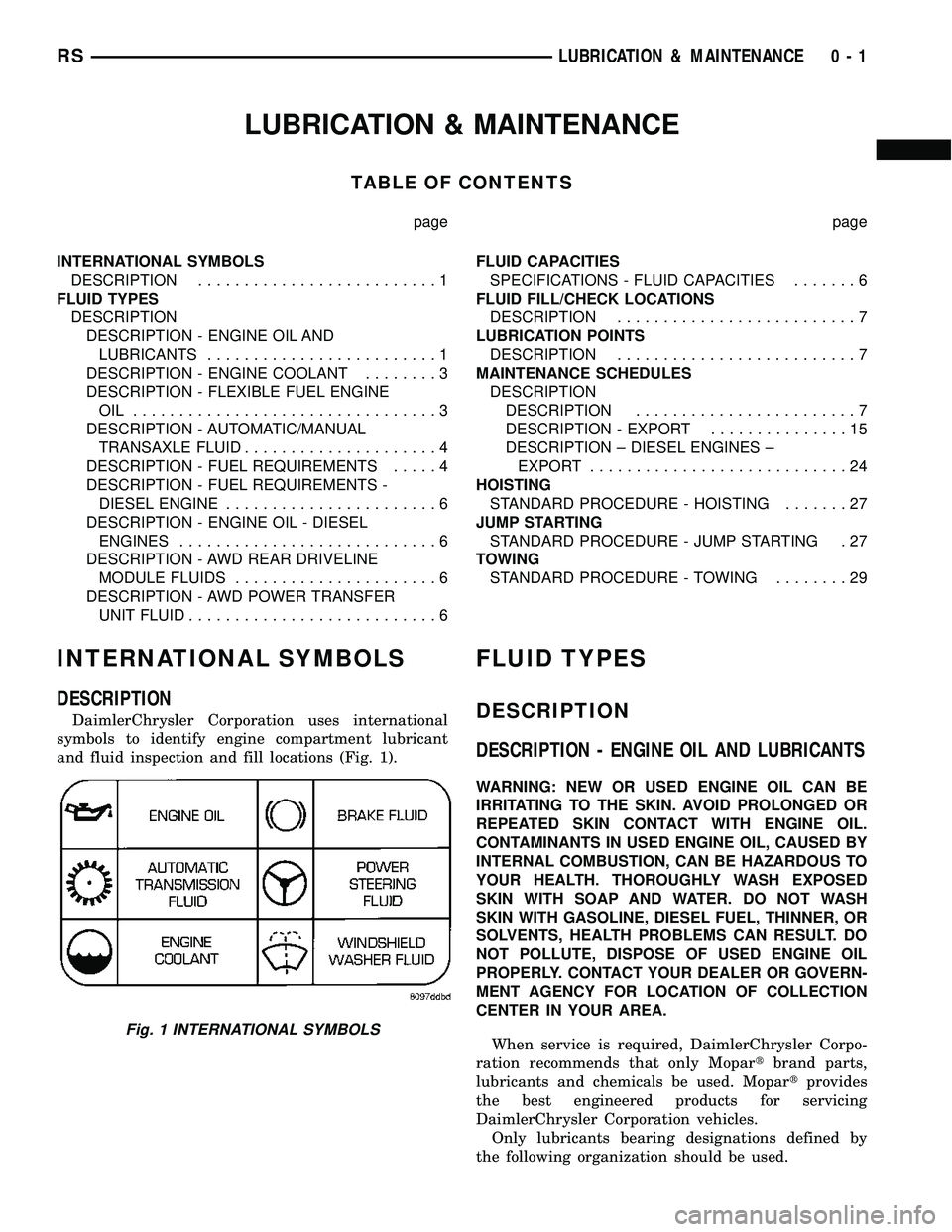 DODGE TOWN AND COUNTRY 2004 User Guide LUBRICATION & MAINTENANCE
TABLE OF CONTENTS
page page
INTERNATIONAL SYMBOLS
DESCRIPTION..........................1
FLUID TYPES
DESCRIPTION
DESCRIPTION - ENGINE OIL AND
LUBRICANTS......................