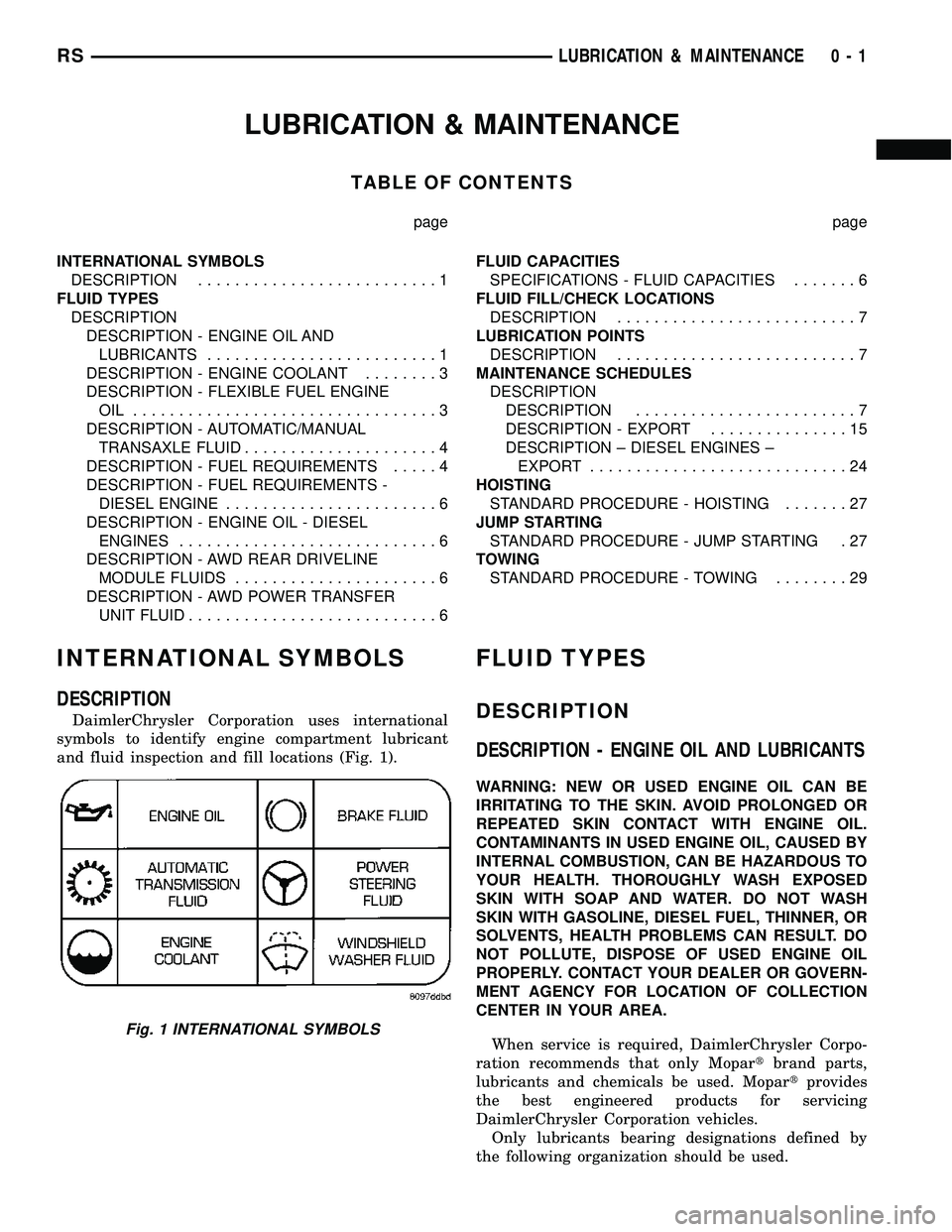 DODGE TOWN AND COUNTRY 2004 Service Manual LUBRICATION & MAINTENANCE
TABLE OF CONTENTS
page page
INTERNATIONAL SYMBOLS
DESCRIPTION..........................1
FLUID TYPES
DESCRIPTION
DESCRIPTION - ENGINE OIL AND
LUBRICANTS...................... DODGE TOWN AND COUNTRY 2004 Service Manual LUBRICATION & MAINTENANCE
TABLE OF CONTENTS
page page
INTERNATIONAL SYMBOLS
DESCRIPTION..........................1
FLUID TYPES
DESCRIPTION
DESCRIPTION - ENGINE OIL AND
LUBRICANTS......................
