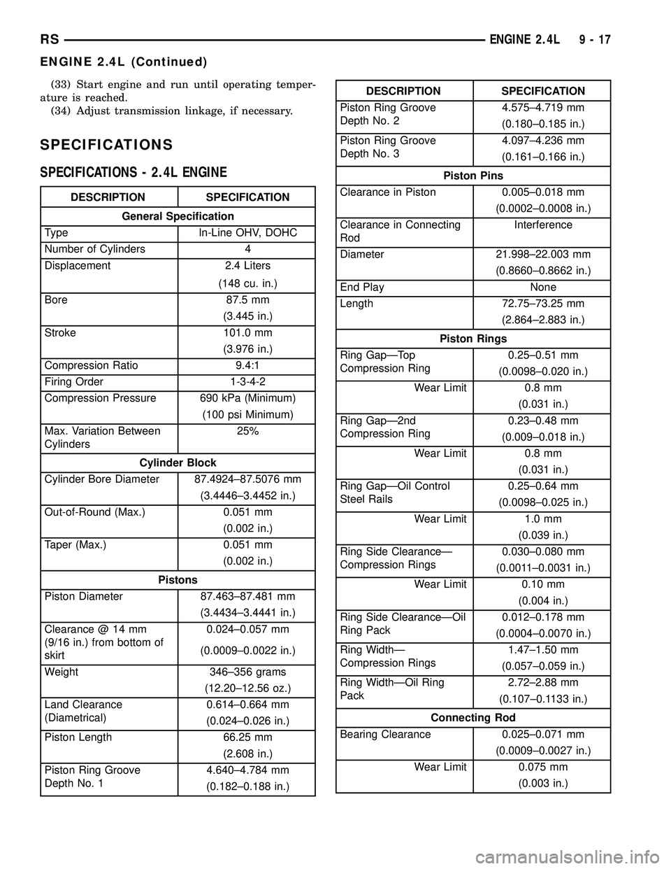 DODGE TOWN AND COUNTRY 2004  Service Manual (33) Start engine and run until operating temper-
ature is reached.
(34) Adjust transmission linkage, if necessary.
SPECIFICATIONS
SPECIFICATIONS - 2.4L ENGINE
DESCRIPTION SPECIFICATION
General Specif